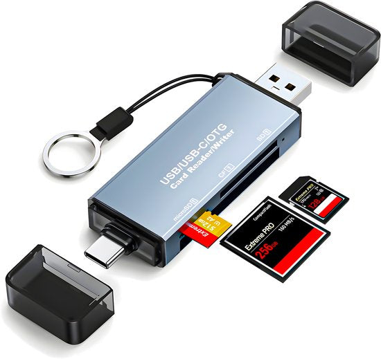 SD Kaart Lezer - 6-in-1 Aluminium Kaartlezer & Writer – USB & USB-C – SD, microSD, OTG
