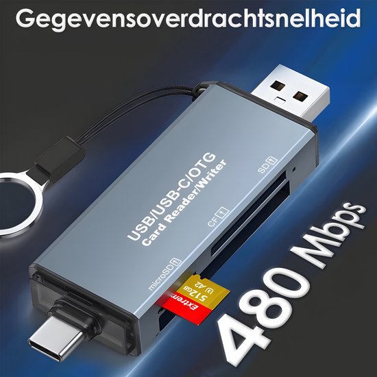 SD Kaart Lezer - 6-in-1 Aluminium Kaartlezer & Writer – USB & USB-C – SD, microSD, OTG