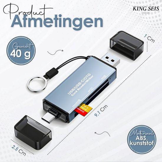 SD Kaart Lezer - 6-in-1 Aluminium Kaartlezer & Writer – USB & USB-C – SD, microSD, OTG